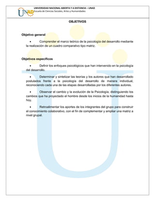 UNIVERSIDAD NACIONAL ABIERTA Y A DISTANCIA – UNAD
Escuela de Ciencias Sociales, Artes y Humanidades
OBJETIVOS
Objetivo general
• Comprender el marco teórico de la psicología del desarrollo mediante
la realización de un cuadro comparativo tipo matriz.
Objetivos específicos
• Definir los enfoques psicológicos que han intervenido en la psicología
del desarrollo.
• Determinar y sintetizar las teorías y los autores que han desarrollado
postulados frente a la psicología del desarrollo de manera individual,
reconociendo cada una de las etapas desarrolladas por los diferentes autores.
• Observar el cambio y la evolución de la Psicología, distinguiendo los
cambios que ha proyectado el hombre desde los inicios de la humanidad hasta
hoy.
• Retroalimentar los aportes de los integrantes del grupo para construir
el conocimiento colaborativo, con el fin de complementar y ampliar una matriz a
nivel grupal.
 