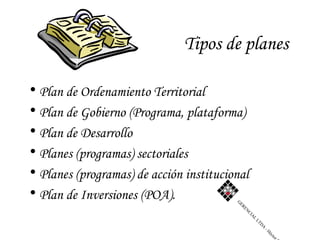 Tipos de planes

• Plan de Ordenamiento Territorial
• Plan de Gobierno (Programa, plataforma)
• Plan de Desarrollo
• Plane...