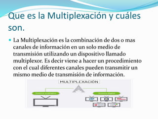 Que es la Multiplexación y cuáles
son.
 La Multiplexación es la combinación de dos o mas
canales de información en un solo medio de
transmisión utilizando un dispositivo llamado
multiplexor. Es decir viene a hacer un procedimiento
con el cual diferentes canales pueden transmitir un
mismo medio de transmisión de información.
 