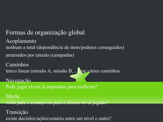 Design de Níveis
Formas de organização global
Acoplamento
nenhum a total (dependência de itens/poderes conseguidos)
amarrados por enredo (campanha)
Caminhos
único linear (missão A, missão B, ...) ou vários caminhos
Navegação
Pode jogar níveis já superados para melhorar?
Morte
volta para o começo ou para o último nível jogado?
Transição
existe decisões/ações/cenário entre um nível e outro?       10
 