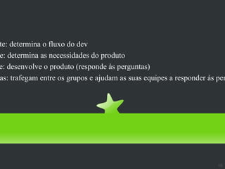 Sobre o grupo
te: determina o fluxo do dev
e: determina as necessidades do produto
e: desenvolve o produto (responde às perguntas)
as: trafegam entre os grupos e ajudam as suas equipes a responder às per




                                                                     16
 