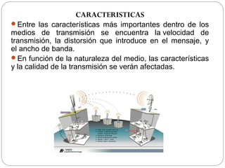 CARACTERISTICAS 
Entre las características más importantes dentro de los 
medios de transmisión se encuentra la velocidad de 
transmisión, la distorsión que introduce en el mensaje, y 
el ancho de banda. 
En función de la naturaleza del medio, las características 
y la calidad de la transmisión se verán afectadas. 
 