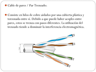 Cable de pares / Par Trenzado: 
Consiste en hilos de cobre aislados por una cubierta plástica y 
torzonada entre sí. Debido a que puede haber acoples entre 
pares, estos se trenza con pasos diferentes. La utilización del 
trenzado tiende a disminuir la interferencia electromagnética. 
 