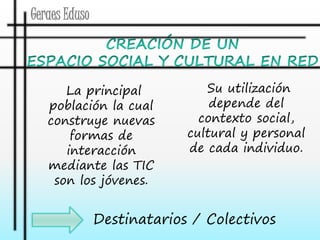 Geraes Eduso 
Su utilización 
depende del 
contexto social, 
cultural y personal 
de cada individuo. 
La principal 
población la cual 
construye nuevas 
formas de 
interacción 
mediante las TIC 
son los jóvenes. 
Destinatarios / Colectivos 
 
