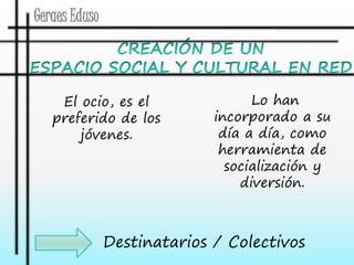 Geraes Eduso 
Lo han 
incorporado a su 
día a día, como 
herramienta de 
socialización y 
diversión. 
El ocio, es el 
preferido de los 
jóvenes. 
Destinatarios / Colectivos 
 