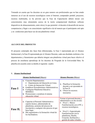 Tomando en cuenta que los docentes en un gran numero son profesionales que no han estado
inmersos en el uso de recursos tecnológicos como el Internet, computador portátil, proyector,
recursos multimedia, se ha previsto que la Fase de Capacitación deberá iniciar con
conocimientos muy elementales acerca de la teoría computacional (hardware software
dispositivos de almacenamiento, entre otros); lo que permitirá al docente el desarrollo de nuevas
competencias y llegar a un conocimiento significativo de tal manera que el participante esté apto
y en condiciones para hacer uso de una plataforma virtual.




ALCANCE DEL PROYECTO


El proyecto contempla dos fases bien diferenciadas, la Fase I representada por el Alcance
Institucional y la Fase II representada por el Alcance Docente, cada una diseñada conforme a los
departamentos y lineamientos que debería integrar una plataforma virtual para hacer efectivo el
proceso de enseñanza aprendizaje de los docentes de Posgrado de la Universidad Beta. Se
planifica de acuerdo como se detalla el siguiente cuadro:




1. Alcance Institucional

               Alcance Institucional (Macro)                     Alcance Docente (Micro)
               1. Creación Departamentos:
                  • Departamento de Educación en Línea.
                                                              1. Planificar la formación
                  • Centro de Interacción Virtual.
                                                                 docente a ser ejecutada en
               2. Establecer Procedimientos Administrativos.
Fase I         3. Configurar Plataforma Educativa
                                                                 la Fase II.
                                                              2. Ubicar los recursos
                  MOODLE.                                        necesarios.
               4. Promocionar y socializar el sistema
                  educación virtual.
                                                              Formar al personal docente y
                                                              administrativo en dos niveles
               1. Capacitar al Personal Administrativo:
                                                              • Nivel 1.- Básico
                  soporte técnico, administrador de
                                                                Familiarización con el PC y
                  plataforma, asistente del proceso de
                                                                recursos tecnológicos.
                  inscripción y cualquier otro proceso al que
Fase II.          haya lugar.
                                                              • Nivel 2.- Especializado
               2. Dar seguimiento a la formación virtual de
                                                                Familiarización con la
                  los facilitadores.
                                                                plataforma, Diseño,
                                                                Creación, facilitación y
                                                                gestión de aulas virtuales.
 