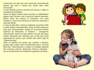 A Benvinda mal sabe que esta justamente encaminhando
aqueles dois para o serviço que vieram fazer nesta
encarnação!...
A velha fazenda continua servindo com fartura, a todos os
moradores da instituição.
Apesar de alguns colonos terem morrido, os trabalhadores
seguem mais intensos, com a ajuda de maquinas agrícolas.
Muitos filhos dos colonos lá continuam, uns como
mecânicos, outros corno técnicos em laticínios, tratoristas e
assim por diante.
A "Casa da Mae Boa" continua recebendo criancinhas órfãs
e viúvas pobres e desamparadas, cheias de filhos pequenos,
cujos pais, desencarnados, amparo do incansável protetor
espiritual de Manezinho -0 Venâncio -- conseguiram
reencarnação, mesmo em lares pobres e de pais são quase
sempre amparados por Venâncio, que os leva para outra
organização de socorro, que instalou não muito longe da
"Esperança Nova".
Todos os espíritos de crianças que recebiam o doentes,
porque, logo a seguir, foram encaminhados para a "Casa da
Mae Boa", onde passaram a receber os cuidados daquelas
três amorosas criaturas -Manezinho, Ninoca e Clemente -
que se transformaram em verdadeiros seguidores de JESUS.
 