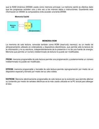 que la RAM dinámica (DRAM) usada como memoria principal. La memoria caché es efectiva dado
que los programas acceden una y otra vez a los mismos datos o instrucciones. Guardando esta
información en SRAM, la computadora evita acceder a la lenta DRAM.

MEMORIA ROM
La memoria de solo lectura, conocida también como ROM (read-only memory), es un medio de
almacenamiento utilizado en ordenadores y dispositivos electrónicos, que permite sólo la lectura de
la información y no su escritura, independientemente de la presencia o no de una fuente de energía.
Memoria que permite un numero indeterminado de lectura no puede ser modificadas.

PROM: memoria programable de solo lectura permite una programación y posteriormente un número
indeterminado no puede ser modificado.

EPROM: memoria programable y borrable de solo lectura permite reprogramación por medio de un
dispositivo especial y borrado por medio de luz ultra violeta.

EEPROM: Memoria eléctricamente programable de solo lectura es la evolución que permite alternar
su contenido por medio de señales eléctricas es la más usada utilizada en la PC actual para albergar
el stac.

 