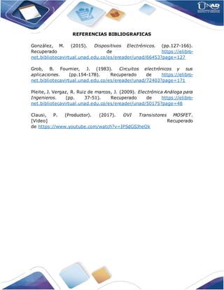 REFERENCIAS BIBLIOGRAFICAS
González, M. (2015). Dispositivos Electrónicos. (pp.127-166).
Recuperado de https://elibro-
net.bibliotecavirtual.unad.edu.co/es/ereader/unad/66453?page=127
Grob, B. Fournier, J. (1983). Circuitos electrónicos y sus
aplicaciones. (pp.154-178). Recuperado de https://elibro-
net.bibliotecavirtual.unad.edu.co/es/ereader/unad/72403?page=171
Pleite, J. Vergaz, R. Ruiz de marcos, J. (2009). Electrónica Análoga para
Ingenieros. (pp. 37-51). Recuperado de https://elibro-
net.bibliotecavirtual.unad.edu.co/es/ereader/unad/50175?page=48
Clausi, P. (Productor). (2017). OVI Transistores MOSFET.
[Video] Recuperado
de https://www.youtube.com/watch?v=IPSdGSJheOk
 