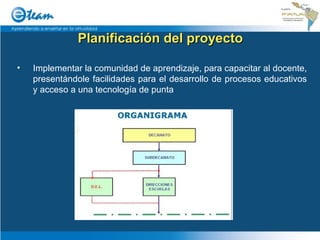 Planificación del proyecto Implementar la comunidad de aprendizaje, para capacitar al docente, presentándole facilidades para el desarrollo de procesos educativos y acceso a una tecnología de punta 