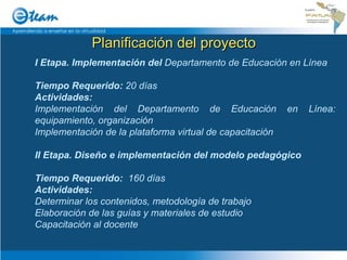 Planificación del proyecto I Etapa. Implementación del  Departamento de Educación en Línea Tiempo Requerido:  20 días Actividades: Implementación del  Departamento de Educación en Línea : equipamiento, organización Implementación de la plataforma virtual de capacitación II Etapa. Diseño e implementación del modelo pedagógico Tiempo Requerido:  160 días Actividades: Determinar los contenidos, metodología de trabajo Elaboración de las guías y materiales de estudio Capacitación al docente 