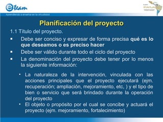 Planificación del proyecto 1.1 Título del proyecto.   Debe ser conciso y expresar de forma precisa  qué es lo que deseamos o es preciso hacer Debe ser válido durante todo el ciclo del proyecto La denominación del proyecto debe tener por lo menos la siguiente información:  La naturaleza de la intervención, vinculada con las acciones principales que el proyecto ejecutará (ejm. recuperación; ampliación, mejoramiento, etc, ) y el tipo de bien o servicio que será brindado durante la operación del proyecto El objeto o propósito por el cual se concibe y actuará el proyecto (ejm. mejoramiento, fortalecimiento) 
