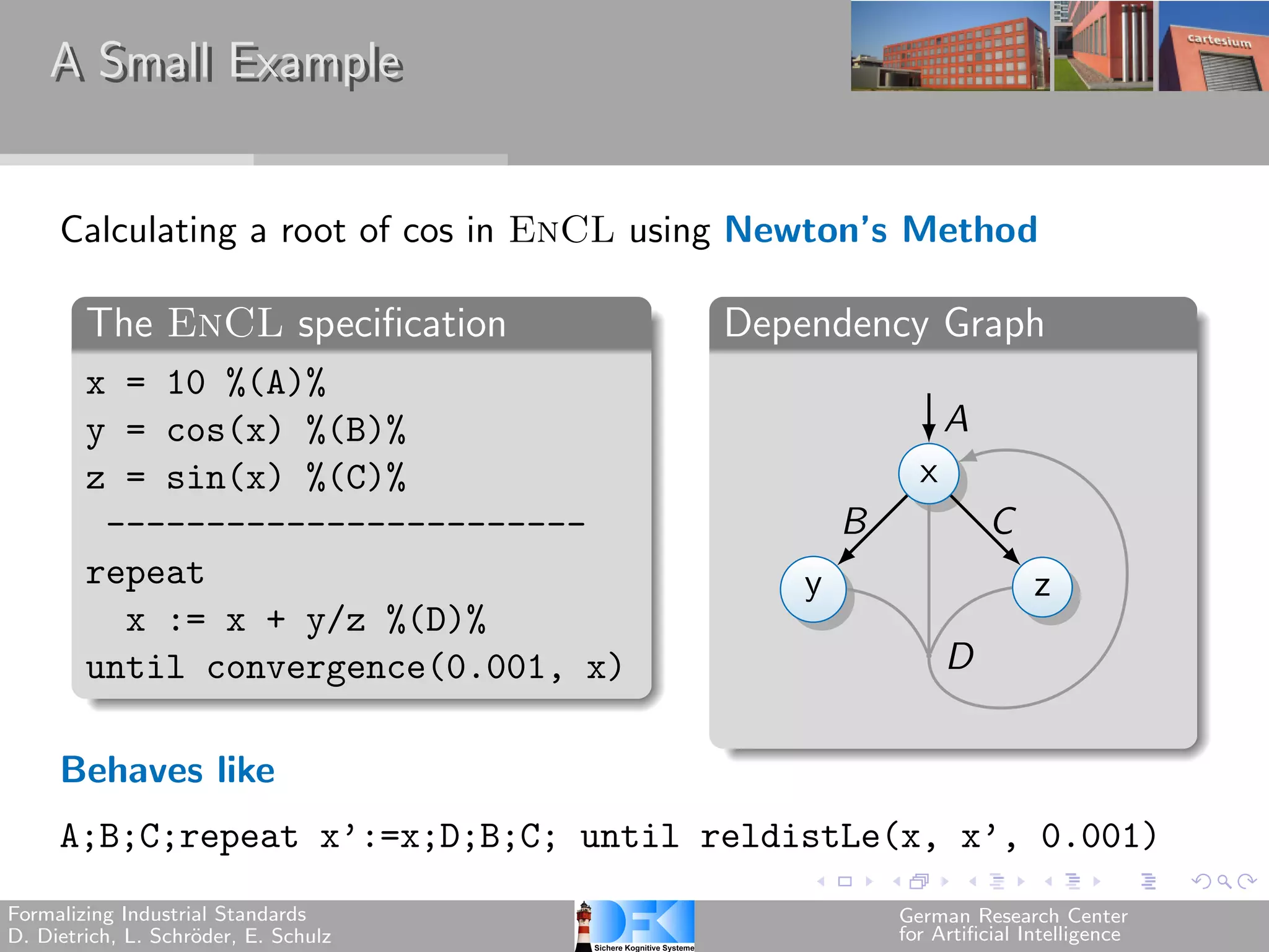 A Small Example


     Calculating a root of cos in EnCL using Newton’s Method

        The EnCL specification            Dependency Graph
        x = 10 %(A)%
        y = cos(x) %(B)%                                    A
        z = sin(x) %(C)%                                x
         ------------------------                 B             C
        repeat                                y                      z
          x := x + y/z %(D)%
        until convergence(0.001, x)                         D

     Behaves like
     A;B;C;repeat x’:=x;D;B;C; until reldistLe(x, x’, 0.001)
Formalizing Industrial Standards                      German Research Center
D. Dietrich, L. Schr¨der, E. Schulz
                    o                                 for Artificial Intelligence
 