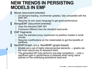NEW TRENDS IN PERSISTING
MODELS IN EMF
▌ Morsa (document-oriented)
│ On-demand loading, incremental updates, fully compati...