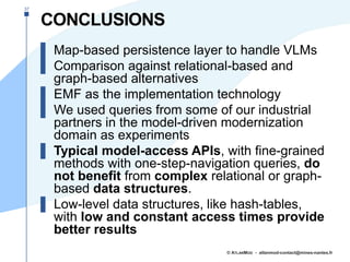 CONCLUSIONS
▌ Map-based persistence layer to handle VLMs
▌ Comparison against relational-based and
graph-based alternative...