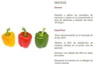 OBJETIVOS
General

Estudiar y aplicar los conceptos de
mercado y ventas en lo concerniente al
área de alimentos y bebidas del bistró
“El Olivar”.

Específicos

Tener reconocimiento en el mercado en
el año 2014.
Obtener el 95% de satisfacción de
nuestros clientes en el primer año de
apertura.

Alcanzar una utilidad del 40% en todas
las ventas.
Recuperar la inversión en un Margen de
3 años máximo.

 