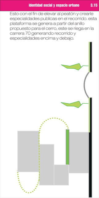 identidad social y espacio urbano   3.15

Esto con el fin de elevar al peatón y crearle
especialidades publicas en el recorrido. esta
plataforma se genera a partir del anillo
propuesto para el cerro, este se riega en la
carrera 70 generando recorrido y
especialidades encima y debajo.
 
