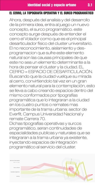 identidad social y espacio urbano        3.1
EL CERRO, LA TOPOGRAFÍA OPERATIVA Y EL SURCO PROGRAMÁTICO
Ahora, después del analisis y del desarrollo
de la primera idea, entra al juego un nuevo
concepto, el surco programático. este
concepto surge después de entender el
cerro el Volador como que es el principal
desarticulador físico del cluster universitario.
El no reconocimiento, aislamiento y des-
programacion que sufre este elemento
natural son las causas principales de que
este no sea un elemento determinante a la
hora de pensar el cluster y la ciudad. EL
CERRO = ESPACIO DE DESARTICULACIÓN.
Buscando que la ciudad vuelque su mirada
al cerro, convirtiendolo tal vez en un gran
elemento natural para la contemplación, esto
se lleva a cabo creando espacios dentro del
mismo conformados por tipografías
programática que lo integraran a la ciudad
en los cuatro puntos o remates mas
importante de la trama urbana: sector de
Everfit, Campus Universidad Nacional y
remate Carrera 70.
Dichas tipografías operativas y surcos
programático, seran continuidades de
espacialidades publicas y naturales que se
integraran a la trama urbana ya existente,
inyectando espacios de integración
programático al servicio del cluster.
 