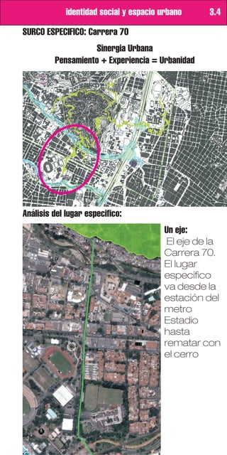 identidad social y espacio urbano     3.4

SURCO ESPECIFICO: Carrera 70
                   Sinergia Urbana
         Pensamiento + Experiencia = Urbanidad




Análisis del lugar especifico:
                                         Un eje:
                                          El eje de la
                                         Carrera 70.
                                         El lugar
                                         especifico
                                         va desde la
                                         estación del
                                         metro
                                         Estadio
                                         hasta
                                         rematar con
                                         el cerro
 