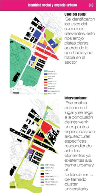 identidad social y espacio urbano    3.6

                        Usos del suelo:
                         Se identificaron
                        los usos del
                        suelo mas
                        relevantes. esto
                        nos arrojo
                        pistas claras
                        acerca de lo
                        que había y no
                        había en el
                        sector




                        Intervenciones:
                         Ese analiza
                        entonces el
                        lugar y se llega
                        a la conclusión
                        de intervenir
                        unos puntos
                        específicos con
                        arquitecturas
                        especificas.
                        respondiendo
                        así a los
                        elementos ya
                        existentes a la
                        trama urbana y
                        al
                        fortalecimiento
                        del llamado
                        cluster
                        universitario
 