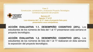 Fase 3:
Construcción, socialización y evaluación Proyecto Tecnológico.
Comienza exposición del proyecto
ACCIÓN EVALUATIVA 1.1. DESEMPEÑO COGNITIVO (20%). Los
estudiantes de los números de lista del 1 al 17 presentaran esta semana el
proyecto tecnológico.
ACCIÓN EVALUATIVA 1.2. DESEMPEÑO COGNITIVO (20%). Los
estudiantes de los números de lista del 1 al 17 realizaran en ésta semana
la exposición del proyecto tecnológico.
Semana 27
Agosto 17 al 21
Los números del 1 al 17 traen el proyecto listo para
presentarlo a sus compañeros.
 