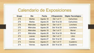 Calendario de Exposiciones
Grupo Día Fecha # Exposición Objeto Tecnológico
2°8 Martes Agosto 18 Del 1 al 17 Cartuchera
2°8 Martes Agosto 25 Del 18 al 35 Cartuchera
2°6 Miércoles Agosto 19 Del 1 al 17 Lonchera
2°6 Miércoles Agosto 26 Del 18 al 35 Lonchera
2°7 Miércoles Agosto 19 Del 1 al 17 Morral
2°7 Miércoles Agosto 26 Del 18 al 35 Morral
2°5 Jueves Agosto 20 Del 1 al 17 Libro
2°5 Jueves Agosto 27 Del 18 al 35 Libro
2°4 Viernes Agosto 21 Del 1 al 17 Cuaderno
2°4 Viernes Agosto 28 Del 18 al 35 Cuaderno
 