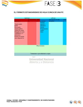 Código: 103380 - ENSAMBLE Y MANTENIMIENTO DE COMPUTADORES
Fase: Evaluación Final
EL FORMATO ESTANDARIZADO DE HOJA CLÍNICA DE UNA PC
 