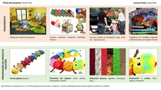 Aprendizaje: introducción en un mismo producto de cuentos, sonajeros, música, habilidades para educar, divertir y distraer al niño/a.
Habitación repleta de juguetes Cuentos, peluches, sonajeros, habilidad,
música…
Hay que realizar un transporte, viaje, visita
etc.. Fuera de casa.
Cargamos con múltiples juguetes
y distracciones que ocupan mucho
PROBLEMÁTICA
Título del proyecto: Smart Toy Usuario final: niño/niñaPRESENTAICÓNDELPRODUCTO
SOLUCIÓN
Forma juguete: gusano Elementos del juguete: tacto, sonido,
iluminación, colores
Diferentes texturas: algodón, terciopelo,
lana…
Iluminación y sonido: fibra
óptica y altavoces
 