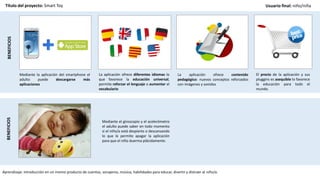 BENEFICIOS
Aprendizaje: introducción en un mismo producto de cuentos, sonajeros, música, habilidades para educar, divertir y distraer al niño/a.
Mediante la aplicación del smartphone el
adulto puede descargarse más
aplicaciones
La aplicación ofrece diferentes idiomas lo
que favorece la educación universal,
permite reforzar el lenguaje o aumentar el
vocabulario
La aplicación ofrece contenido
pedagógico: nuevos conceptos reforzados
con imágenes y sonidos
El precio de la aplicación y sus
pluggins es asequible lo favorece
la educación para todo el
mundo.
Título del proyecto: Smart Toy Usuario final: niño/niña
BENEFICIOS
Mediante el giroscopio y el acelerómetro
el adulto puede saber en todo momento
si el niño/a está despierto o descansando
lo que le permite apagar la aplicación
para que el niño duerma plácidamente.
 