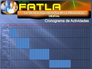 TIEMPO           Noviembre Diciembre   Enero   Febrero   Marzo   Abril   Mayo   Junio   Julio   Agosto   Septiembre   Octubre
  ACTIVIDADES
Diagnostico de
los
conocimientos
en tecnología
de            los
docentes
Selección        y
Configuración
de              la
Plataforma
Moodle con la
que            se
trabajara.
Planificación y
Organización
de los talleres
de formación
pedagógica-
Tecnológica de
los docentes
Gestión para la
dotación     con
Internet banda
ancha en todos
los núcleos
 