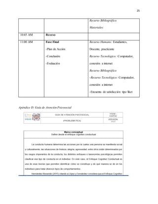 25
Recurso Bibliográfico
Materiales:
10:45 AM Receso
11:00 AM Fase Final
-Plan de Acción
-Conclusión
-Evaluación
Recurso Humano: Estudiantes,
Docente, practicante
Recurso Tecnológico: Computador,
conexión a internet
Recurso Bibliográfico
-Recurso Tecnológico: Computador,
conexión a internet
-Encuenta de satisfacción tipo liket
Apéndice D: Guía de Atención Psicosocial
 