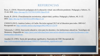 REFERENCIAS
Rozo, A. (2010). Dimensión pedagógica de la educación virtual: una reflexión pendiente. Pedagogía y Saberes, 32,
33-44. DOI: https://doi.org/10.17227/01212494.32pys33.44
Rueda, R. (2014). (Trans)formación sociotécnica, subjetividad y política. Pedagogía y Saberes, 40, 11-22.
DOI: https://doi.org/10.17227/01212494.40pys11.22
UNESCO (2015). América Latina y el Caribe. Revisión regional 2015 de la Education para todos. OREALC.
Recuperado en: http://unesdoc.unesco.org/images/0023/002327/23270
Valenzuela, J. (2016). Innovación educativa: retos para los docentes y las instituciones educativas. Tecnológico de
Monterrey. Disponible en: https://prezi.com/ra0exmqr2umx/innovacion-educativa-retos-para-los-docentes-y-las-
instituciones-educativas/
Ausubel, D. (1983). Teoría del aprendizaje significativo. Fascículos de CEIF, Recuperado de:
http://www.academia.edu/download/38902537/Aprendizaje_significativo.pdf
 