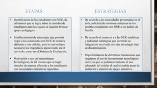 • Identificación de los estudiantes con NEE, de
tal manera que se logre saber la cantidad de
estudiantes para los cuales se requiere brindar
apoyo pedagógico.
• Establecimiento de estrategias que permita
llegar a los estudiantes con NEE de manera
eficiente y con calidad, para lo cual se hace
necesario los respectivos ajustes tanto en el
currículo, como en el Sistema de Evaluación.
• Motivación y uso de herramientas
Tecnológicas, de tal manera que se logre
vincular de manera eficiente a los estudiantes
con necesidades educativas especiales.
• De acuerdo a las necesidades presentadas en el
aula, solicitud de revisiones médicas de los
posibles estudiantes con NEE a los padres de
familia.
• De acuerdo al contexto y a las NEE establecer
y rediseñar estrategias que permitan su
integración en el aula de clase sin ningún tipo
de discriminación.
• Implementación de diferentes mecanismos que
requieran el uso de herramientas tecnológicas
entre las que se podrían relacionar el uso
adecuado del celular el cual se podría pasar de
distractor a material de apoyo educativo.
ETAPAS ESTRATEGIAS
 