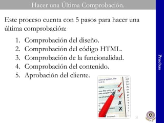 Hacer una Última Comprobación. Pruebas Este proceso cuenta con 5 pasos para hacer una última comprobación: Comprobación del diseño. Comprobación del código HTML. Comprobación de la funcionalidad. Comprobación del contenido. Aprobación del cliente. 