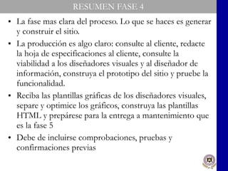 RESUMEN FASE 4 La fase mas clara del proceso. Lo que se haces es generar y construir el sitio. La producción es algo claro: consulte al cliente, redacte la hoja de especificaciones al cliente, consulte la viabilidad a los diseñadores visuales y al diseñador de información, construya el prototipo del sitio y pruebe la funcionalidad. Reciba las plantillas gráficas de los diseñadores visuales, separe y optimice los gráficos, construya las plantillas HTML y prepárese para la entrega a mantenimiento que es la fase 5 Debe de incluirse comprobaciones, pruebas y confirmaciones previas 