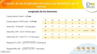 Calculo de las longitudes de todos sus elementos de la
cercha
Longitudes de los elementos
Cuerda inferior 9 mts/6 = 1,5 mt...