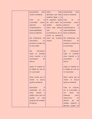 permanentes para
cuidar el ambiente.
Crear en la
comunidad nuevos
patrones de
comportamiento y
responsabilidades
hacia el ambiente.
Dar conferencias de
información en
primarias y kinders de
la comunidad.
Dar información
sobre el reciclado
como solución a la
acumulación de
basura.
Lograr un impacto en
la calidad de vida de
mi comunidad.
Darse cuenta que el
reciclar la basura
ayuda al ambiente.
Aprovechar la
creatividad de los
niños, jóvenes y
adultos para que nos
ayuden en este
proyecto del reciclado
de basura.
sobre todo,
demostrar que todos
podemos llegar a un
fin específico desde
los niños hasta los
adultos mayores,
sobre todo porque
sólo es
concientizarnos de lo
bueno qu podemos
hacer por nosotros
mismos.
permanentes para
cuidar el ambiente.
Crear en la
comunidad nuevos
patrones de
comportamiento y
responsabilidades
hacia el ambiente.
Dar conferencias de
información en
primarias y kinders de
la comunidad.
Dar información
sobre el reciclado
como solución a la
acumulación de
basura.
Lograr un impacto en
la calidad de vida de
mi comunidad.
Darse cuenta que el
reciclar la basura
ayuda al ambiente.
Crear en conjunto
con la comunidad y
con todas las
instancias como
mecanismos de
difusión de los
trabajos, maestros y
alumnos, padres de
 