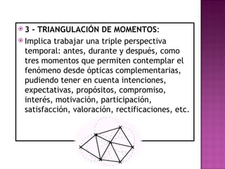 3 - TRIANGULACIÓN DE MOMENTOS : Implica trabajar una triple perspectiva temporal: antes, durante y después, como tres momentos que permiten contemplar el fenómeno desde ópticas complementarias, pudiendo tener en cuenta intenciones, expectativas, propósitos, compromiso, interés, motivación, participación, satisfacción, valoración, rectificaciones, etc. 