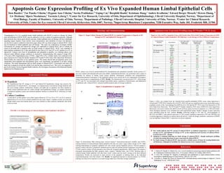 Apoptosis Gene Expression Profiling of Ex Vivo Expanded Human Limbal Epithelial Cells
Sten Raeder,1 Tor Paaske Utheim,1 Øygunn Aass Utheim,1 Savita Prabhakar,5 Yiqing Cai,2 Borghild Roald,3 Kristiane Haug,1 Anders Kvalheim,1 Edvard Berger Messelt,2 Hewen Zhang, 5
Liv Drolsum,1 Bjørn Nicolaissen,1 Torstein Lyberg,4; 1Center for Eye Research, University of Oslo, Department of Ophthalmology, Ullevål University Hospital, Norway, 2Department of
Oral Biology, Faculty of Dentistry, University of Oslo, Norway, 3Department of Pathology, Ullevål University Hospital, University of Oslo, Norway. 4Center for Clinical Research,
University of Oslo, Center for Eye research Ulleval University Kirkeveien, Oslo, 0407, Norway, 5SuperArray Bioscience Corporation, 7320 Executive Way, Suite 101, Frederick MD, 21704.
101,
Introduction

Histology and Immunostaining

Apoptosis Gene Expression Profiling using RT2Profiler™ PCR Array
Profiler™

Transplantation of ex vivo expanded human limbal epithelial cells (HLEC) is used as a therapy for limbal
therapy
stem cell deficiency (LSCD). HLEC may be cultured ex vivo by a variety of expansion protocols. Although
these protocols have shown good clinical outcomes, limbal epithelial stem cell therapy still faces challenges
epithelial
regarding surgery logistics, tissue sterility, tissue transportation, and availability of tissue. Our laboratory
transportation,
was the first to report a method for short-term organ culture (OC) eye bank storage of cultured HLEC which
shortmay be beneficial in limbal epithelial stem cell therapy.1 This study was conducted to investigate whether
conventional OC storage and Optisol-GS storage were applicable to cultured HLEC and to evaluate the
Optisolextent of cell death due to apoptosis after eye bank storage of cultured HLEC. HLEC were expanded on
intact amniotic membranes for 21 days and stored for one week at 31ºC and 23ºC in OC medium or at 5ºC in
31º
23º
5º
Optisol-GS. Cultures were fixed in formaldehyde and embedded in paraffin. Low labeling indices were
Optisolparaffin.
observed under different storage conditions as assessed by immunostaining with caspase-3 (range 0.0%immunostaining
caspase0.0%1.2%) and a DNA fragmentation assay (TUNEL, range 0.0%-2.3%). Cellular results were confirmed at the
0.0%gene expression level using the Human Apoptosis RT2Profiler™ PCR Array from SuperArray Bioscience,
Profiler™
which profiles the expression of key apoptosis genes. The results showed that pro-apoptotic genes were
results
prosignificantly down-regulated and anti-apoptotic genes were significantly up-regulated in all three storage
downantiupconditions. This study demonstrates that eye bank storage of cultured HLEC is associated with minor cell
cultured
death due to apoptosis at both the cellular level and the gene expression level. This work was supported in
expression
part by the Eastern Norway Regional Health Authority, the Norwegian Association of the Blind and Partially
Norwegian
Sighted and the Blindmission IL.

Figure 2: Organ Culture Storage of Cultured HLEC at Ambient Temperature is Superior to OC
Storage at 31°C and Optisol-GS Storage at 5°C.
31°
Optisol5°

Figure 4: Anti- and Pro-Apoptotic Genes with Greater than Three-Fold Change in Expression (p<0.05)
in Cultured Human Limbal Epithelial Cells following 1-week Storage at Three Different Temperatures

Experimental Design
Hypothesis
We hypothesized that OC storage at 31°C and Optisol-GS hypothermic storage may preserve the
characteristics of cultured HLEC. Accordingly, we compared these conventional storage methods with
the novel storage method. Furthermore, because cell death due to apoptosis has been reported in
human corneal epithelium after OC culture storage2 and hypothermic storage3, we studied expression
of apoptosis-regulatory genes and examined apoptosis markers in cultured HLEC following eye bank
storage.

Functional Gene
Grouping
TNF Ligand Family

Gene Symbol

1-week organ culture
storage at 31ºC
Fold-Change

1-week organ culture
storage at 23ºC
Fold-Change

Bcl-2 Family

14.25

TNF
TNF Receptor Family

FASLG

-18.24

TNFSF10

1-week Optisol-GS
storage at 5ºC
Fold-Change

-4.21

TNFRSF9

-4.09

BAG4
BAK1

-14.3
-5.07

7.65
-7.44

-7.5

BCL2

18.87

BCL2A1

-6.13

BCL2L11
BNIP2

-4.98

8.72
4.7

11.61

11.58

BNIP3L

13.27

HRK

-3.01

-3.13

-32.41

-22.96

-27.47

-16.64

MCL1
IAP Family

-8.96

BIRC1
BIRC6

HLEC cultures were fixed in neutral-buffered 4% formaldehyde and embedded in paraffin. Serial sections of 5
µm were stained with haematoxylin and eosin (H&E). Immunohistochemistry was performed with a panel of
antibodies for markers of human ocular surface epithelia. Histological evaluation and semiquantitative
immunohistochemical localization of the epithelial markers were carried out by two independent investigators
using a microscope at a magnification of 400X. Results: The ultrastructure was preserved at 23ºC, while storage
at 31ºC and 5ºC was associated with enlarged intercellular spaces, separation of desmosomes, and detachment
of epithelial cells. Cultured HLEC remained undifferentiated under all storage conditions.

BIRC8
CARD Family

7.58

5.2
-6.69

APAF1

4.48

CARD6

6.14

3.42

CARD8

30.16

10.36

CASP5

17.81

11.53

CASP9

-4.05

PYCARD

-5.67

RIPK2
Death Domain Family

9.44
4.93

TRADD
CIDE Domain Family

16.72

FAS

Figure 3: Quantification of Apoptotic Cells

FADD

-9.11

-4.25

p53 & DNA Damage

23.86

11.75

15.21

17.79

-12.23

-8.85

CIDEB

10.21

ABL1

10.46

CASP6

A

15.78

GADD45A

Culture Conditions
3-week HLEC (n=48) cultures were either organ-cultured at 31°C (n=12) or 23°C (n=12) or stored in
Optisol-GS at 5°C (n=12) in a closed container for one week. Figure 1 explains in brief as to how the
human limbal tissue from human donor eyes were cultured on intact amniotic membranes and stored
in the eye bank.

10.8

Figure 4. RNA was isolated from the formalin-fixed paraffin-embedded (FFPE) tissue using SuperArray’s
)
ArrayGradeTM FFPE RNA Isolation Kit (GA-023). RNA (40 ng) was amplified and reverse transcribed using a
modified version of the TrueLabeling PicoAMP Kit (GA-130) and the RT2 PCR Array First Strand Kit (C-02)
from SuperArray Bioscience. The RT2Profiler™ Human Apoptosis PCR Array (APHS-012) from SuperArray
Bioscience was used to analyze the mRNA levels of 84 key genes involved in apoptosis, in a 384-well format.
Three biological replicates were included from each experimental group. Relative changes in gene expression
were calculated using the ΔΔCt method. Results: Following storage at 23ºC and 5ºC, down-regulation of
BCL2A1 and BIRC1, and reduced expression of TNF receptor signaling components (TNF and TRADD) was
revealed suggesting a reduction in nuclear factor-κB activity. Under all storage conditions, expression of BNIP2
was up-regulated, whereas MCL1 expression was down-regulated.

FIGURE 1. Eye Bank Storage of Cultured Human Limbal Epithelial Cells (HLEC)

B
Apoptotic and labeling index (%)

4
3,5
3

H&E apoptotic index
Caspase-3 labeling index
TUNEL labeling index

Conclusions

2,5
2
1,5
1
0,5
0
3-week HLEC
cultures at 37ºC

1-week OC storage 1-week OC storage
at 31ºC
at 23ºC

1-week Optisol-GS
storage at 5ºC

Figure 3A demonstrates H&E staining (top), cleaved caspase-3 immunohistochemistry (middle), and TUNEL
staining (bottom) of cultured human limbal epithelial cells after one week’s organ culture storage at 23ºC. H&E
staining demonstrates an apoptotic epithelial cell with circular nuclear fragments (arrow). Cleaved caspase-3positive surface cells have cytoplasmic immunoreactivity and well defined nuclear membranes (arrowheads). A
TUNEL positive surface cell (arrowhead) is also observed. (Original magnification: 400X) Figure 3B contains a
histogram demonstrating the H&E apoptotic index, caspase-3 labeling index, and TUNEL labeling index in
cultured human limbal epithelial cells after three weeks’ culture and one week’s storage at the three different
temperatures. Results are expressed as mean percent of the apoptotic or labeling index in the individual
experimental groups. Error bars denote 1 SE. Results: No significant increase in cleaved caspase-3 or TUNEL
:
staining was observed in response to eye bank storage under any of the three storage conditions.

Our results indicate that OC storage of cultured HLEC at ambient temperature is superior to OC
storage at 31°C and Optisol-GS storage at 5°C as the original layered structure of cultured HLEC
is preserved at 23°C storage.
Apoptosis is minimal following eye bank storage of cultured HLEC, though multi-gene profiling
revealed interesting alterations in gene expression in cultured HLEC.
Eye bank storage of cultured HLEC may provide a reliable source of tissue for treating limbal stem
cell deficiency, although its feasibility for clinical use has to be evaluated further.

References
1. Utheim TP, Raeder S, Utheim OA, et al. A novel method for preserving cultured limbal epithelial cells.
preserving
Br J Ophthalmol Published Online First: 23 November 2006.doi:10.1136/bjo.2006.103218.
2006.doi:10.1136/bjo.2006.103218.
2. Crewe JM, Armitage WJ. Integrity of epithelium and endothelium in organ-cultured human corneas.
in organInvestigative Ophthalmology & Visual Science. 2001;42:1757-1761.
2001;42:17573. Komuro A, Hodge DO, Gores GJ, Bourne WM. Cell death during corneal storage at 4 degrees C. Invest
corneal
Ophthalmol Vis Sci. 1999;40:2827-2832.
1999;40:2827-

 