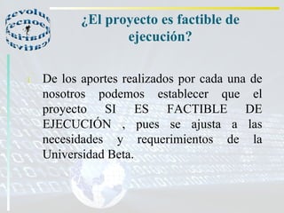 ¿El proyecto es factible de ejecución? De los aportes realizados por cada una de nosotros podemos establecer que el proyecto SI ES FACTIBLE DE EJECUCIÓN , pues se ajusta a las necesidades y requerimientos de la Universidad Beta. 