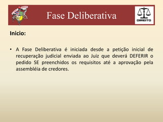 Fase Deliberativa
Inicio:
• A Fase Deliberativa é iniciada desde a petição inicial de
recuperação judicial enviada ao Juiz que deverá DEFERIR o
pedido SE preenchidos os requisitos até a aprovação pela
assembléia de credores.

 