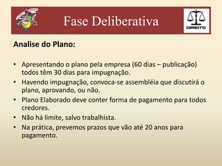 Fase Deliberativa
Analise do Plano:
• Apresentando o plano pela empresa (60 dias – publicação)
todos têm 30 dias para impugnação.
• Havendo impugnação, convoca-se assembléia que discutirá o
plano, aprovando, ou não.
• Plano Elaborado deve conter forma de pagamento para todos
credores.
• Não há limite, salvo trabalhista.
• Na prática, prevemos prazos que vão até 20 anos para
pagamento.

 