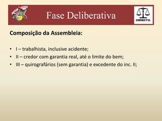 Fase Deliberativa
Composição da Assembleia:
• I – trabalhista, inclusive acidente;
• II – credor com garantia real, até o limite do bem;
• III – quirografários (sem garantia) e excedente do inc. II;

 