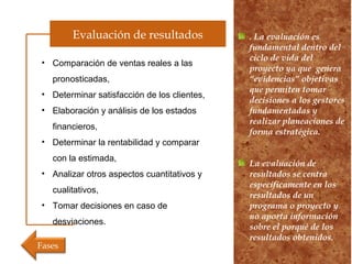 Evaluación de resultados
“Add a customer
testimonial or pull
quote here. Add a
customer testimonial
or pull quote here.”
. La evaluación es
fundamental dentro del
ciclo de vida del
proyecto ya que genera
“evidencias” objetivas
que permiten tomar
decisiones a los gestores
fundamentadas y
realizar planeaciones de
forma estratégica.
La evaluación de
resultados se centra
específicamente en los
resultados de un
programa o proyecto y
no aporta información
sobre el porqué de los
resultados obtenidos.
Fases
• Comparación de ventas reales a las
pronosticadas,
• Determinar satisfacción de los clientes,
• Elaboración y análisis de los estados
financieros,
• Determinar la rentabilidad y comparar
con la estimada,
• Analizar otros aspectos cuantitativos y
cualitativos,
• Tomar decisiones en caso de
desviaciones.
 
