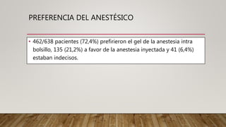 PREFERENCIA DEL ANESTÉSICO
• 462/638 pacientes (72,4%) prefirieron el gel de la anestesia intra
bolsillo, 135 (21,2%) a favor de la anestesia inyectada y 41 (6,4%)
estaban indecisos.
 