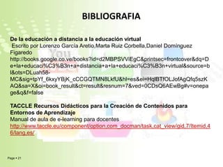 BIBLIOGRAFIADe la educación a distancia a la educación virtual Escrito por Lorenzo García Aretio,Marta Ruiz Corbella,Daniel Domínguez Figaredohttp://books.google.co.ve/books?id=d2MBPSVViEgC&printsec=frontcover&dq=De+la+educaci%C3%B3n+a+distancia+a+la+educaci%C3%B3n+virtual&source=bl&ots=DLuah58-MC&sig=tpYf_6kxyYBjK_cCCGQTMN8LkfU&hl=es&ei=HqlBTfOLJofAgQfq5szKAQ&sa=X&oi=book_result&ct=result&resnum=7&ved=0CDsQ6AEwBg#v=onepage&q&f=falseTACCLERecursos Didácticos para la Creación de Contenidos para Entornos de Aprendizaje  Manual de aula de e-learning para docentes http://www.taccle.eu/component/option,com_docman/task,cat_view/gid,7/Itemid,46/lang,es/