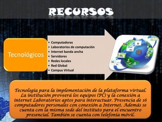 RecursosTecnología para la implementación de la plataforma virtual.La institución proveerá los equipos (PC) y la conexión a internet Laboratorios aptos para interactuar. Presencia de 16 computadores personales con conexión a Internet. Además se cuenta con la misma sede del instituto para el encuentro presencial. También se cuenta con telefonía móvil.