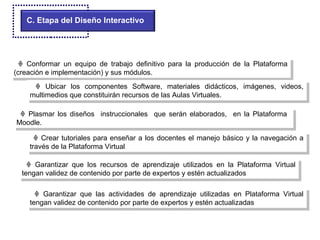 C. Etapa del Diseño Interactivo    Conformar un equipo de trabajo definitivo para la producción de la Plataforma (creación e implementación) y sus módulos.     Ubicar los componentes Software, materiales didácticos, imágenes, videos, multimedios que constituirán recursos de las Aulas Virtuales.    Plasmar los diseños  instruccionales  que serán elaborados,  en la Plataforma  Moodle.    Crear tutoriales para enseñar a los docentes el manejo básico y la navegación a través de la Plataforma Virtual    Garantizar que los recursos de aprendizaje utilizados en la Plataforma Virtual tengan validez de contenido por parte de expertos y estén actualizados    Garantizar que las actividades de aprendizaje utilizadas en Plataforma Virtual tengan validez de contenido por parte de expertos y estén actualizadas 