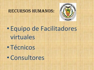 Recursos humanos: Equipo de Facilitadores virtuales Técnicos Consultores 