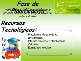 Fase de PlanificaciónHerramientas Web 2.0 para mejorar elproceso de inter-aprendizaje a través deaulas virtualesPlataforma:La plataforma a utilizarse es:Moodle